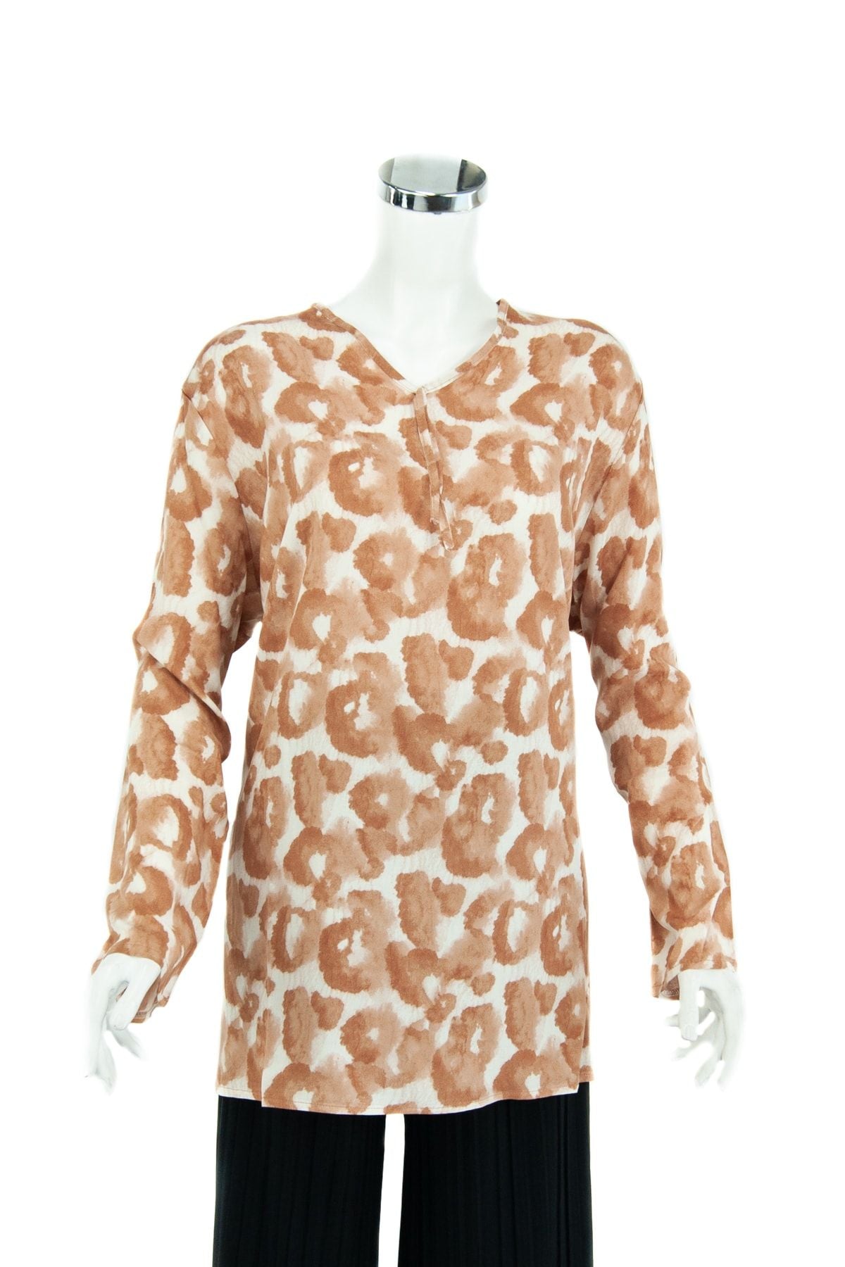 Kadın V Yaka Uzun Kol Şık Pastel Desenli Rahat Kesim Likrasız Viskon Kumaş Anne Bluz